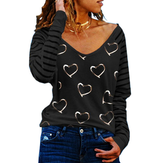 Plus Size V-neck love print long-sleeved T-shirt