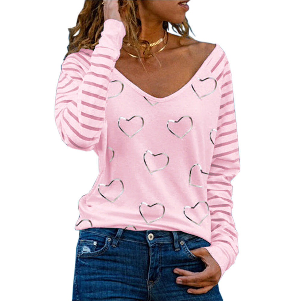 Plus Size V-neck love print long-sleeved T-shirt