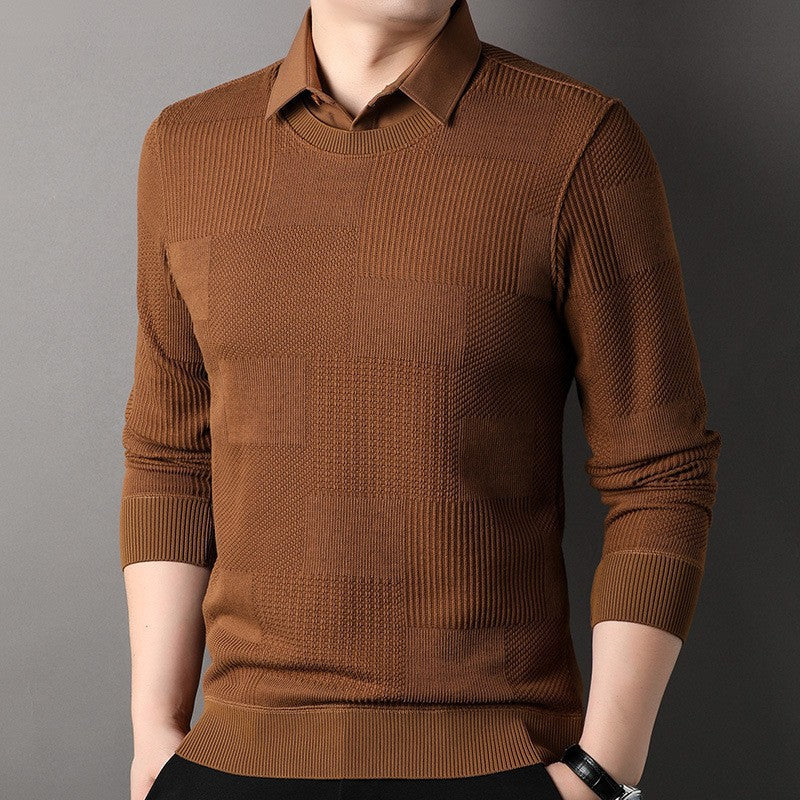 MEN'S MOCK TWO-PIECE KNIT PULLOVER SWEATER