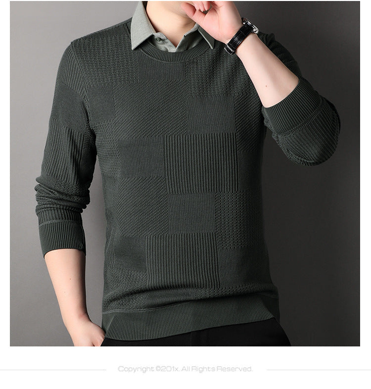 MEN'S MOCK TWO-PIECE KNIT PULLOVER SWEATER