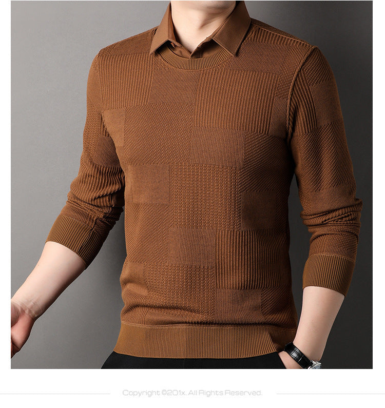 MEN'S MOCK TWO-PIECE KNIT PULLOVER SWEATER