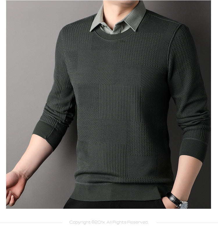 MEN'S MOCK TWO-PIECE KNIT PULLOVER SWEATER