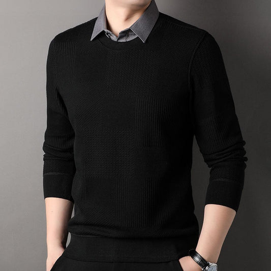 MEN'S MOCK TWO-PIECE KNIT PULLOVER SWEATER