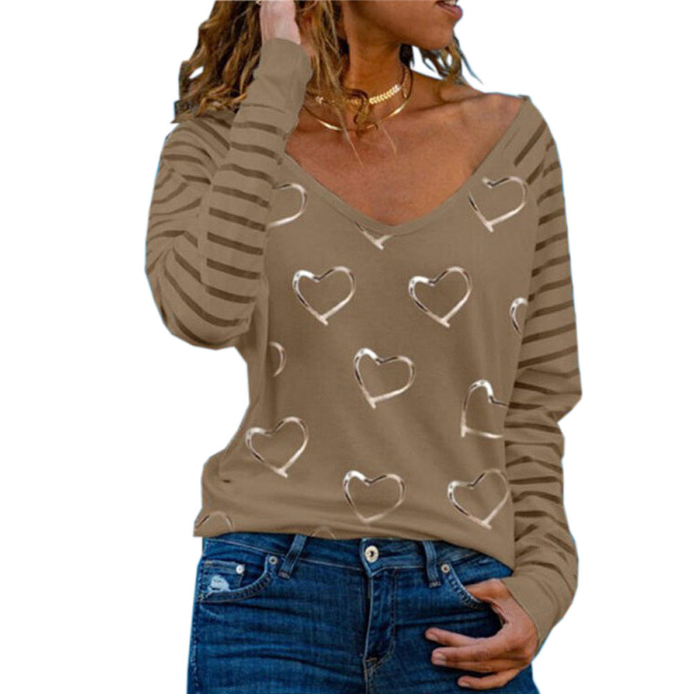 Plus Size V-neck love print long-sleeved T-shirt