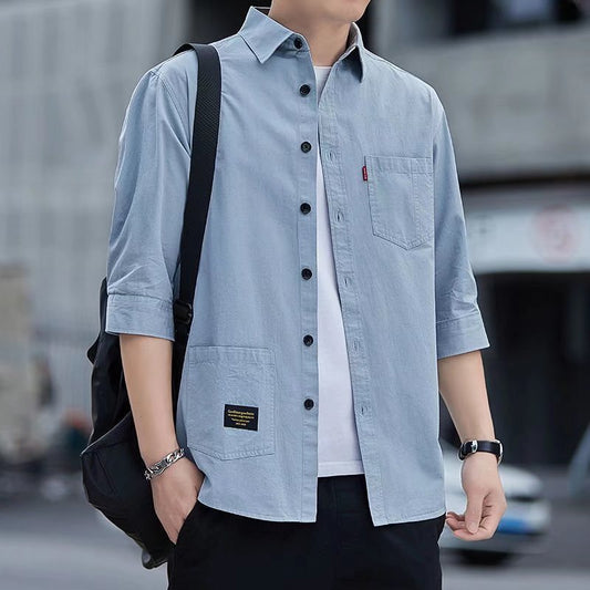 Men's casual cotton medium sleeve shirt